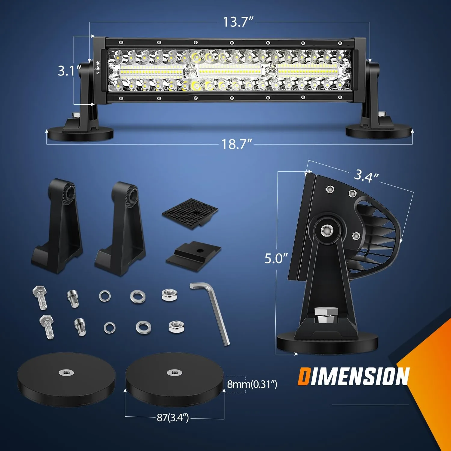 13.5 Inch 288W Triple Row 96LEDs Spot Flood LED Light Bar Kit | Cigarette Lighter 10FT Wire Magnet Bases