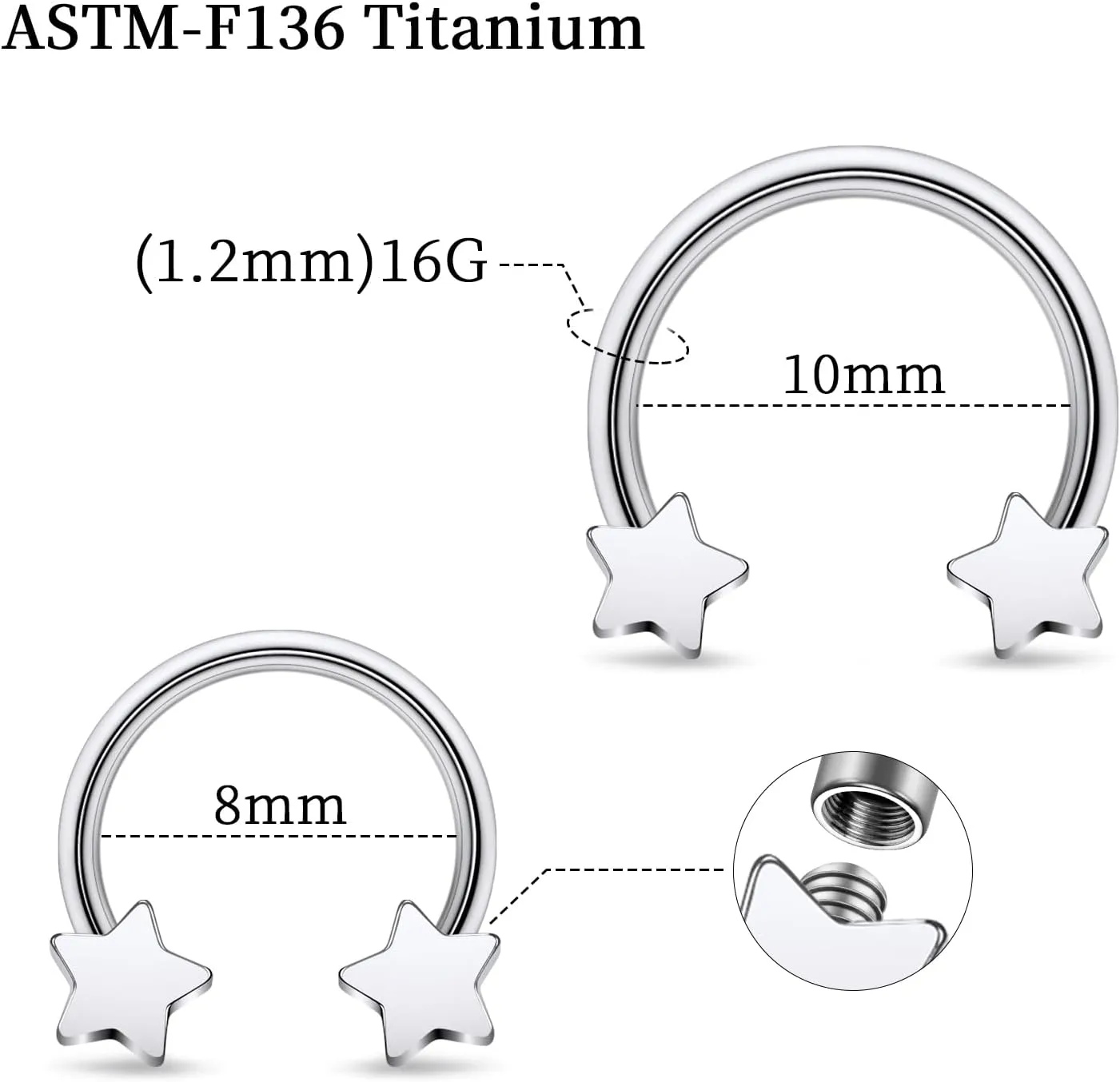 16G F136 Titanium Internal Thread Horseshoe Septum Nose Ring Piercing Jewelry Circular Barbell Helix Snug Tragus Rook Daith Cartilage Earring Lip Ring Piercing Jewelry for Women Men 8MM 10MM