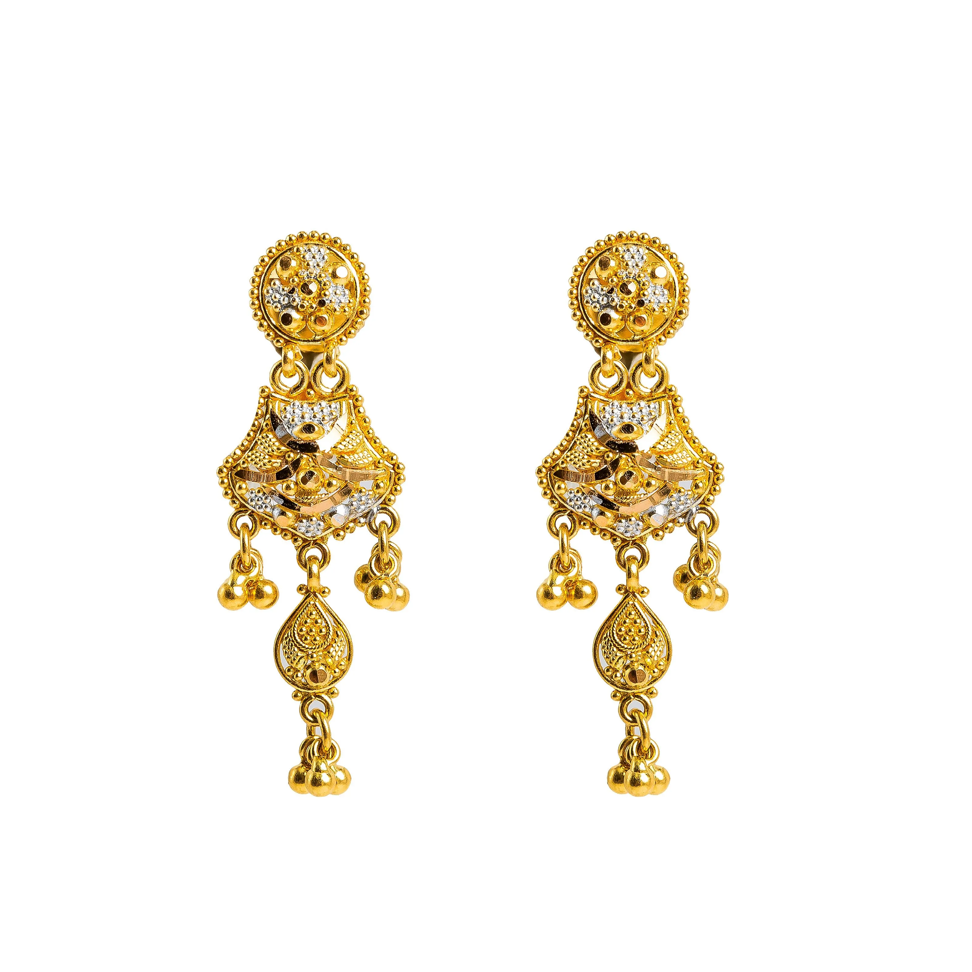 22K Multi Tone Gold Necklace & Earrings Set W/ Beaded Filigree & Draping Chandelier Pendant