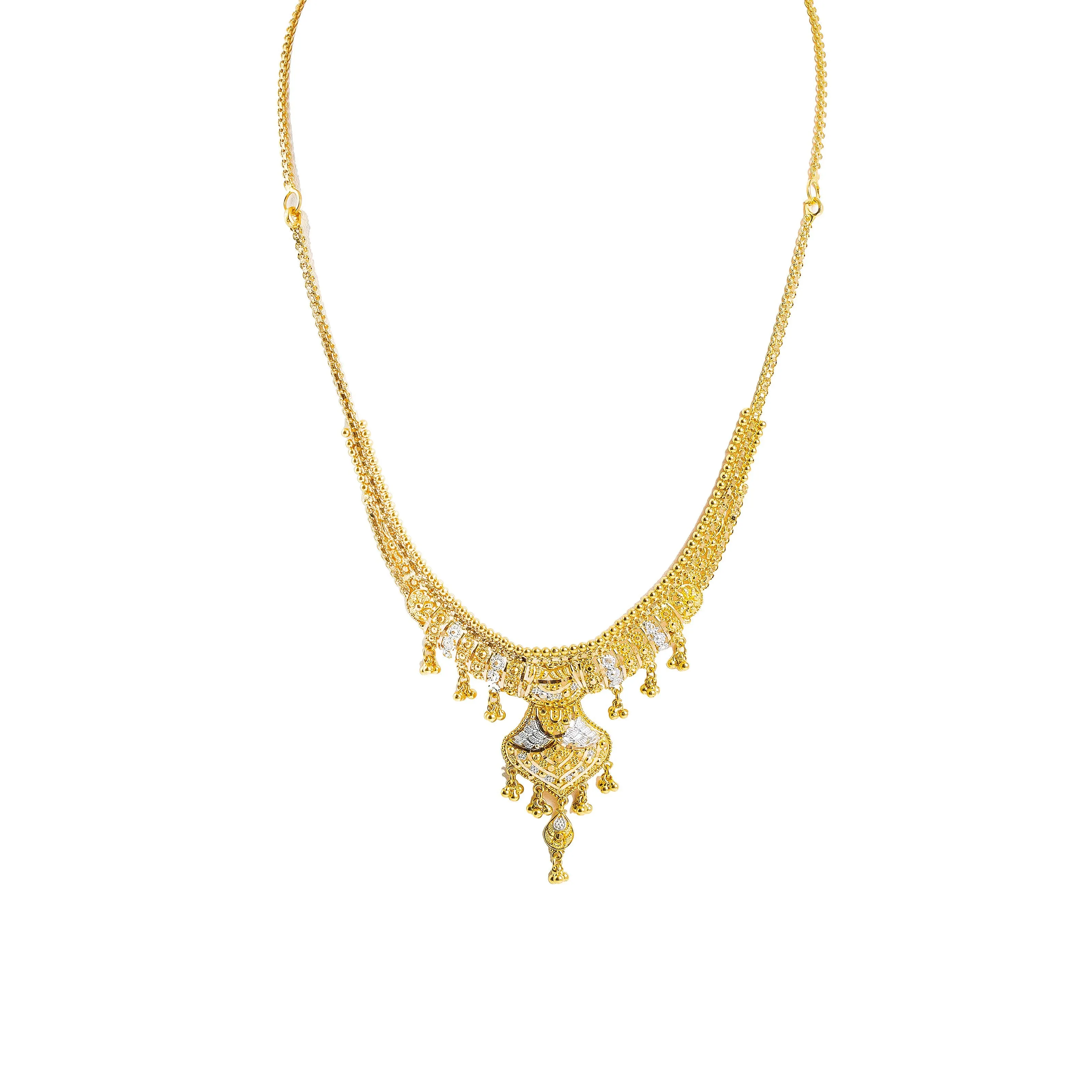 22K Multi Tone Gold Necklace & Earrings Set W/ Beaded Filigree & Draping Chandelier Pendant