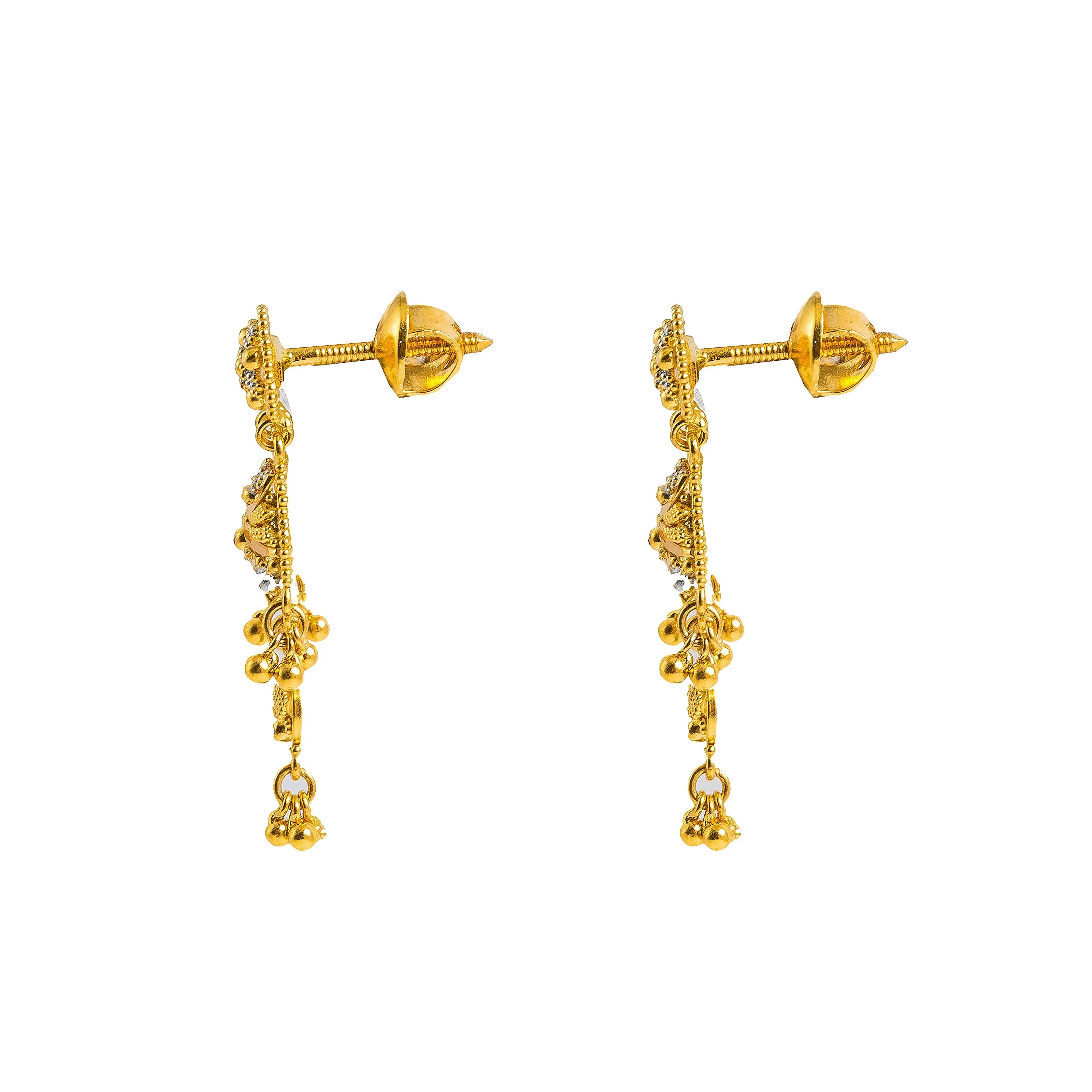 22K Multi Tone Gold Necklace & Earrings Set W/ Beaded Filigree & Draping Chandelier Pendant