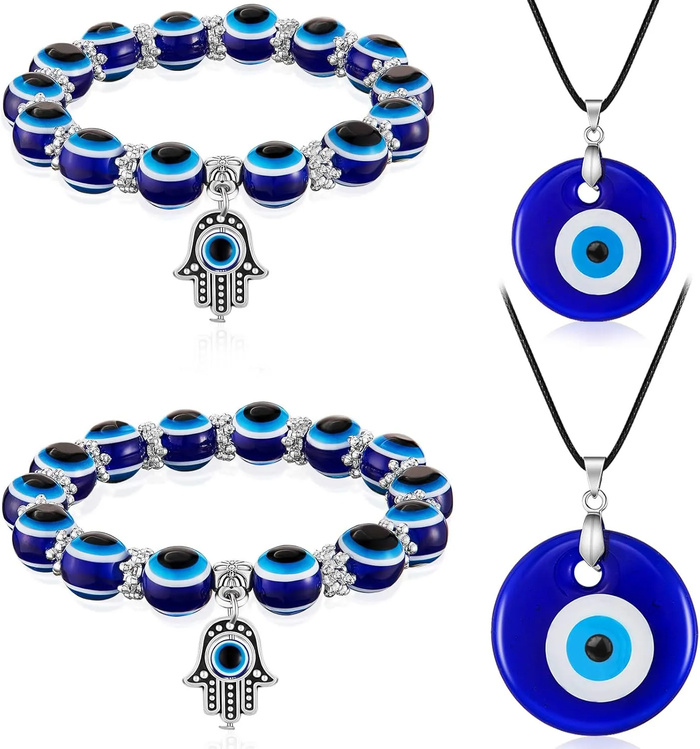 4 Pieces Evil Eye Bracelet and Necklace Set Third Eye Jewelry Blue Bead Hamsa Hand Stretch Bracelet and Glass Faux Leather Rope Chain Necklace for Women Men(Stylish Style)