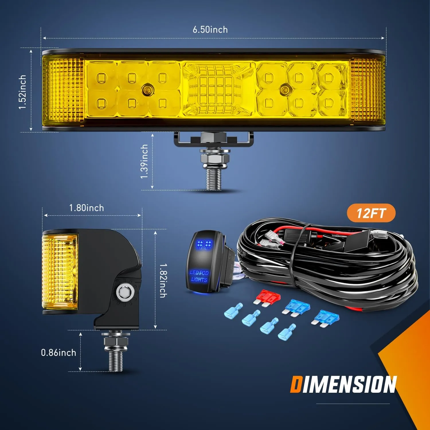 6.5 Inch 60W Amber Side Shooter Quadruple Row Spot Flood LED Light Bars (Pair) | 16AWG 5Pin Rocker Switch Wiring Harness Kit