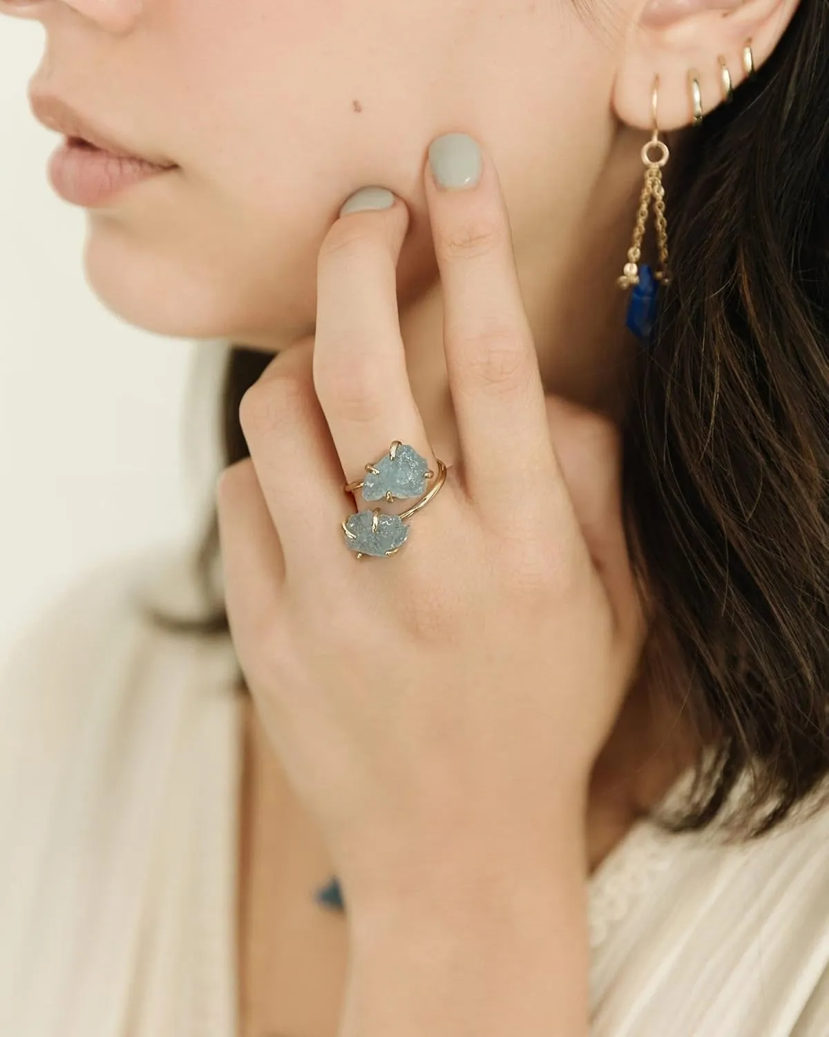 Aquamarine Ring, Natural Raw Aquamarine Rings for Women, Adjustable March Birthstone Ring for Aquamarine Jewelry, 14k Gold Plated 2 Stone Ring
