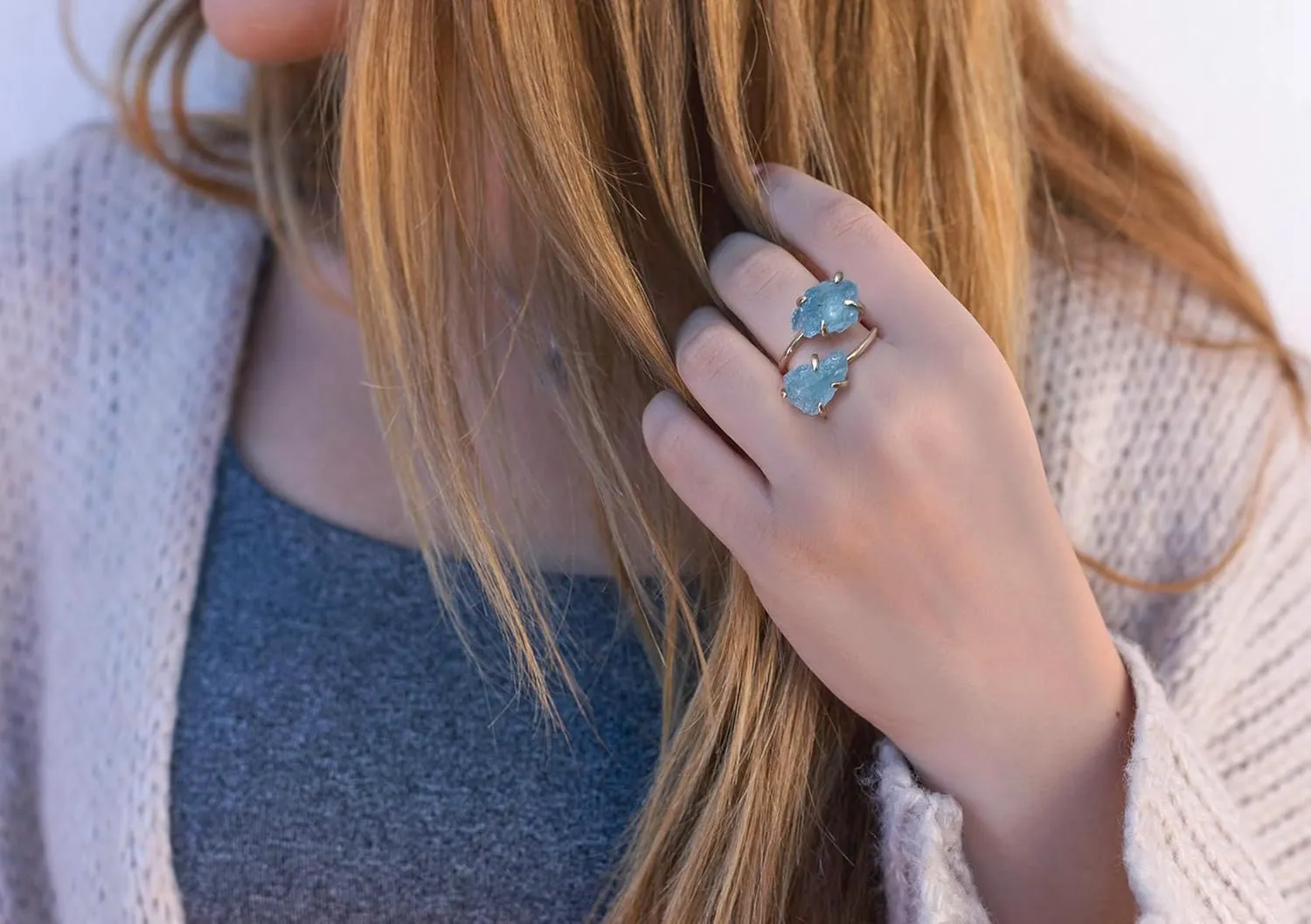 Aquamarine Ring, Natural Raw Aquamarine Rings for Women, Adjustable March Birthstone Ring for Aquamarine Jewelry, 14k Gold Plated 2 Stone Ring