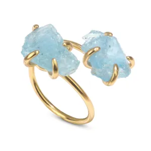 Aquamarine Ring, Natural Raw Aquamarine Rings for Women, Adjustable March Birthstone Ring for Aquamarine Jewelry, 14k Gold Plated 2 Stone Ring
