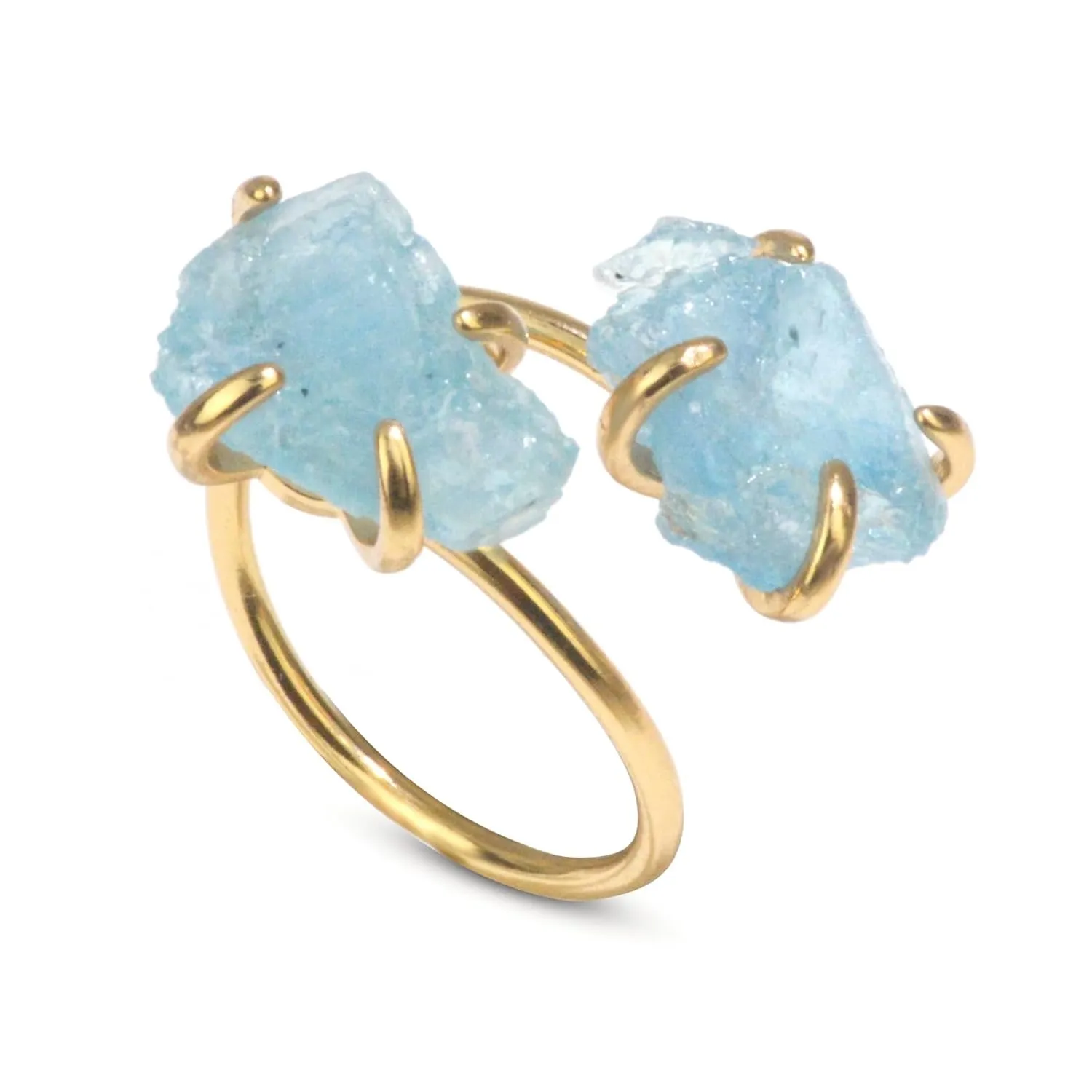 Aquamarine Ring, Natural Raw Aquamarine Rings for Women, Adjustable March Birthstone Ring for Aquamarine Jewelry, 14k Gold Plated 2 Stone Ring