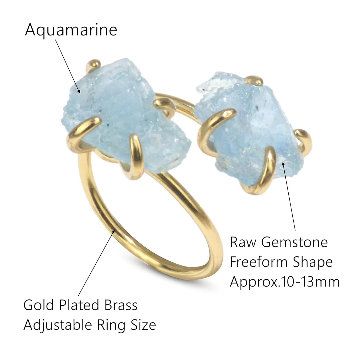 Aquamarine Ring, Natural Raw Aquamarine Rings for Women, Adjustable March Birthstone Ring for Aquamarine Jewelry, 14k Gold Plated 2 Stone Ring