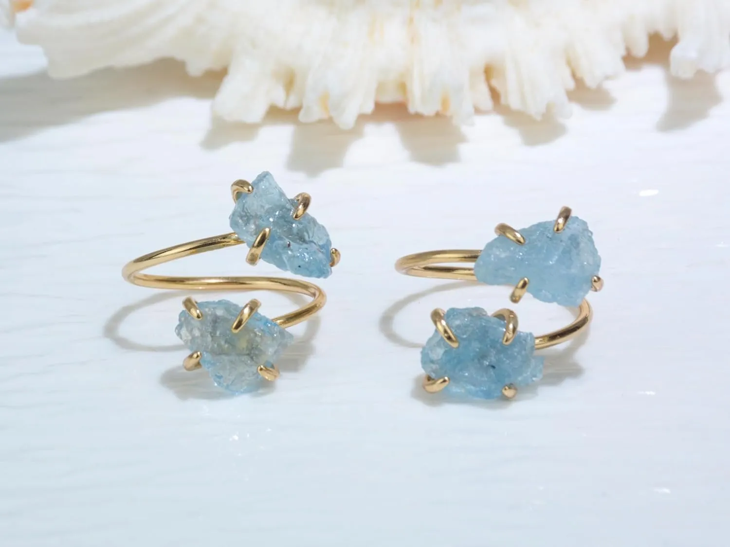 Aquamarine Ring, Natural Raw Aquamarine Rings for Women, Adjustable March Birthstone Ring for Aquamarine Jewelry, 14k Gold Plated 2 Stone Ring