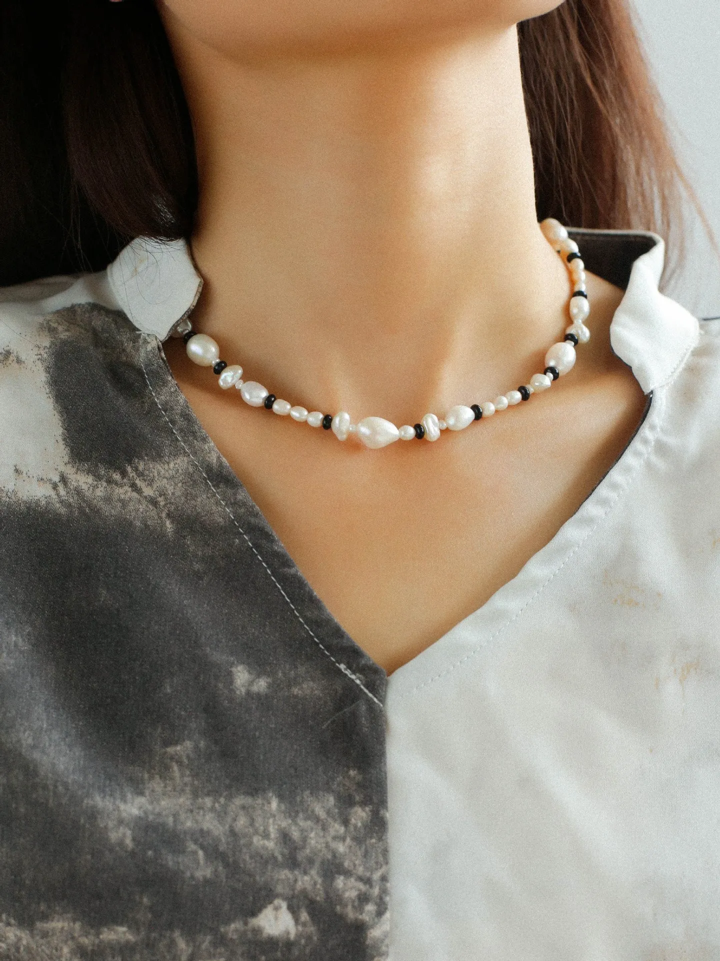 Baroque Pearl and Black Onyx Beaded Necklace