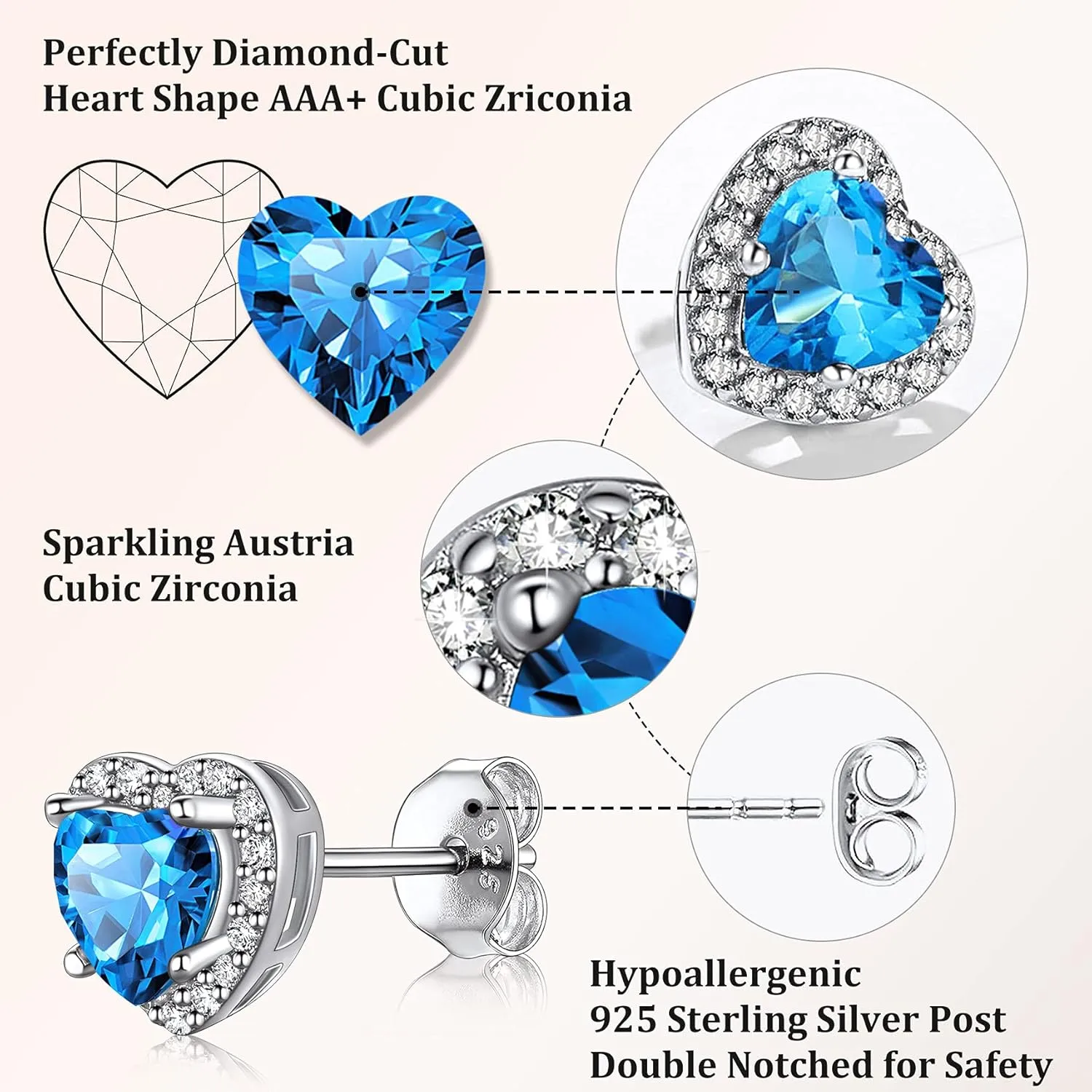 Bestyle Sparkling 925 Sterling Silver Birthstone Stud Earrings for Women, Heart/Round/Teardrop/Square Crystal Solitaire Diamond Studs Halo Earrings, Great Birthday/Christmas Gifts