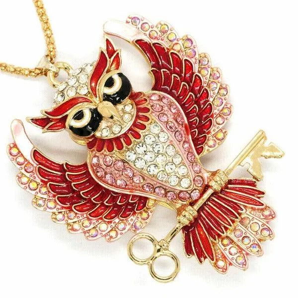 Betsey Johnson Owl PInk Rhinestones Crystal Eyes Gold Necklace