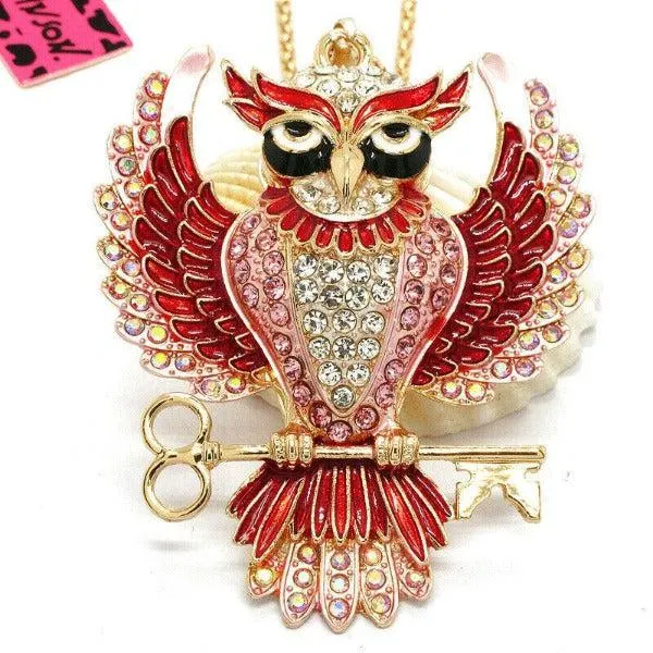 Betsey Johnson Owl PInk Rhinestones Crystal Eyes Gold Necklace