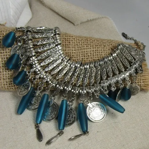 Big Bold Silver Bib Necklace with Sea Glass & Coin Accents