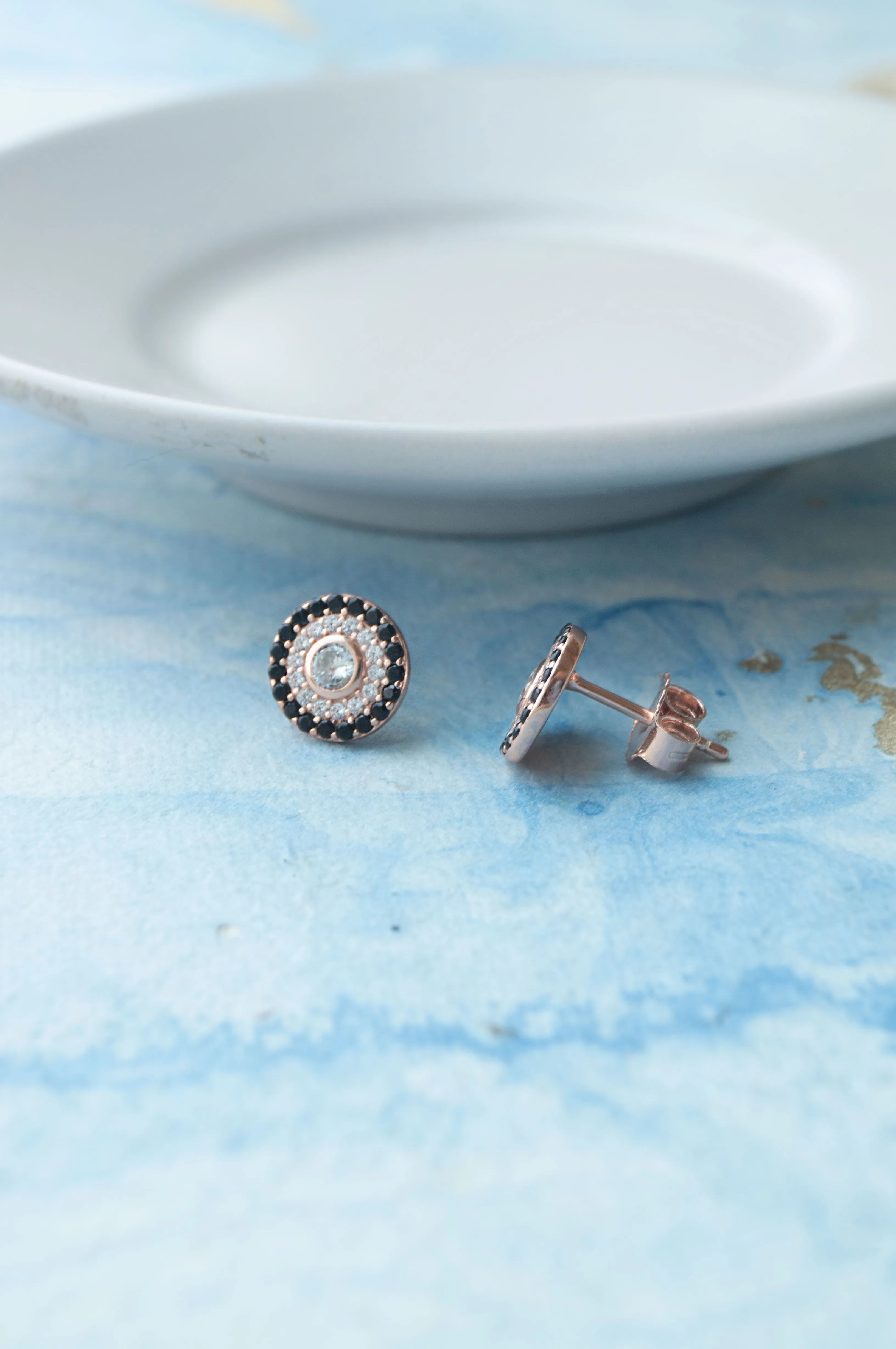 Black Halo Evil Eye Rose Gold Plated Sterling Silver Stud Earrings