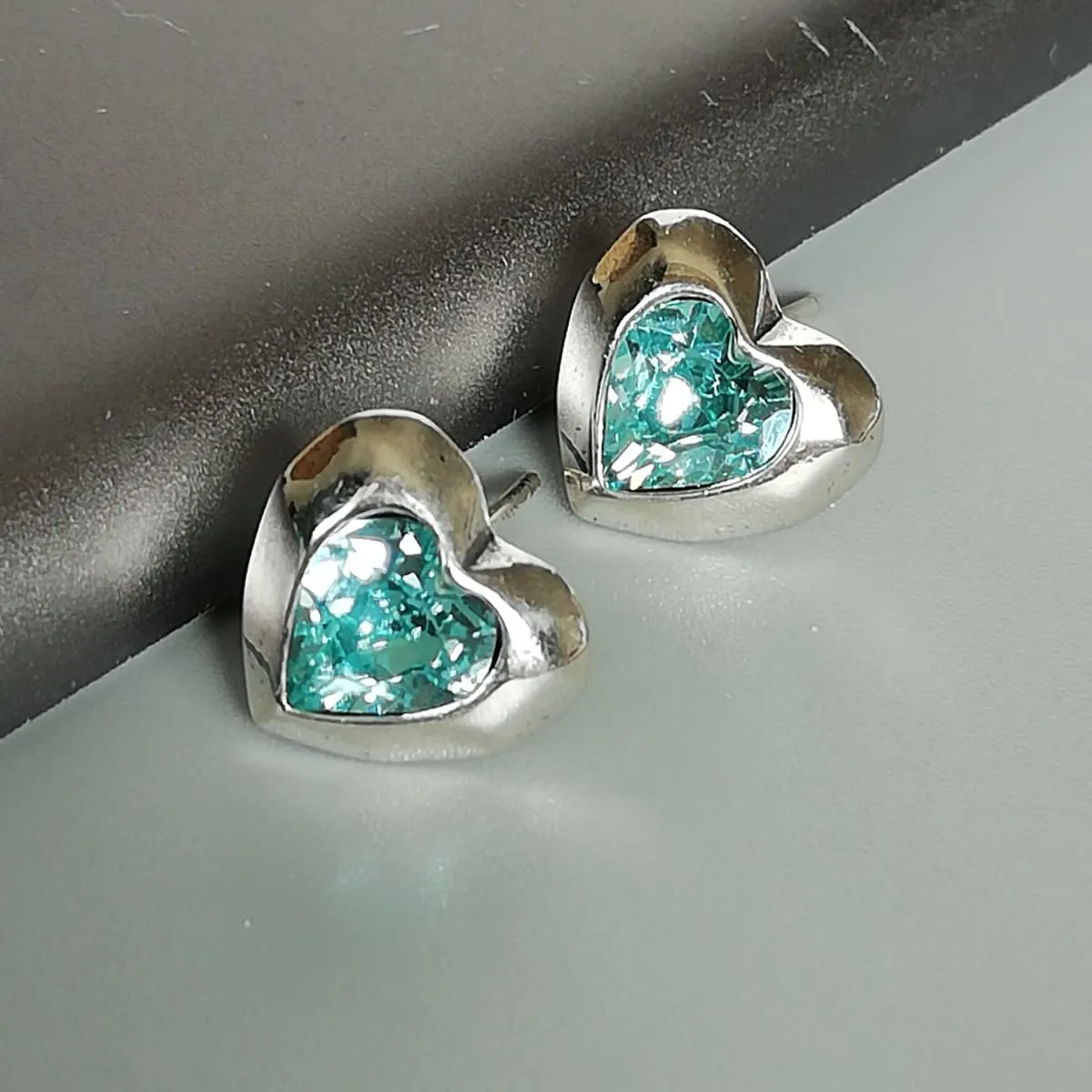 Blue Cz heart stud | Sterling silver cubic zirconia ear studs | Gift earrings | E1043
