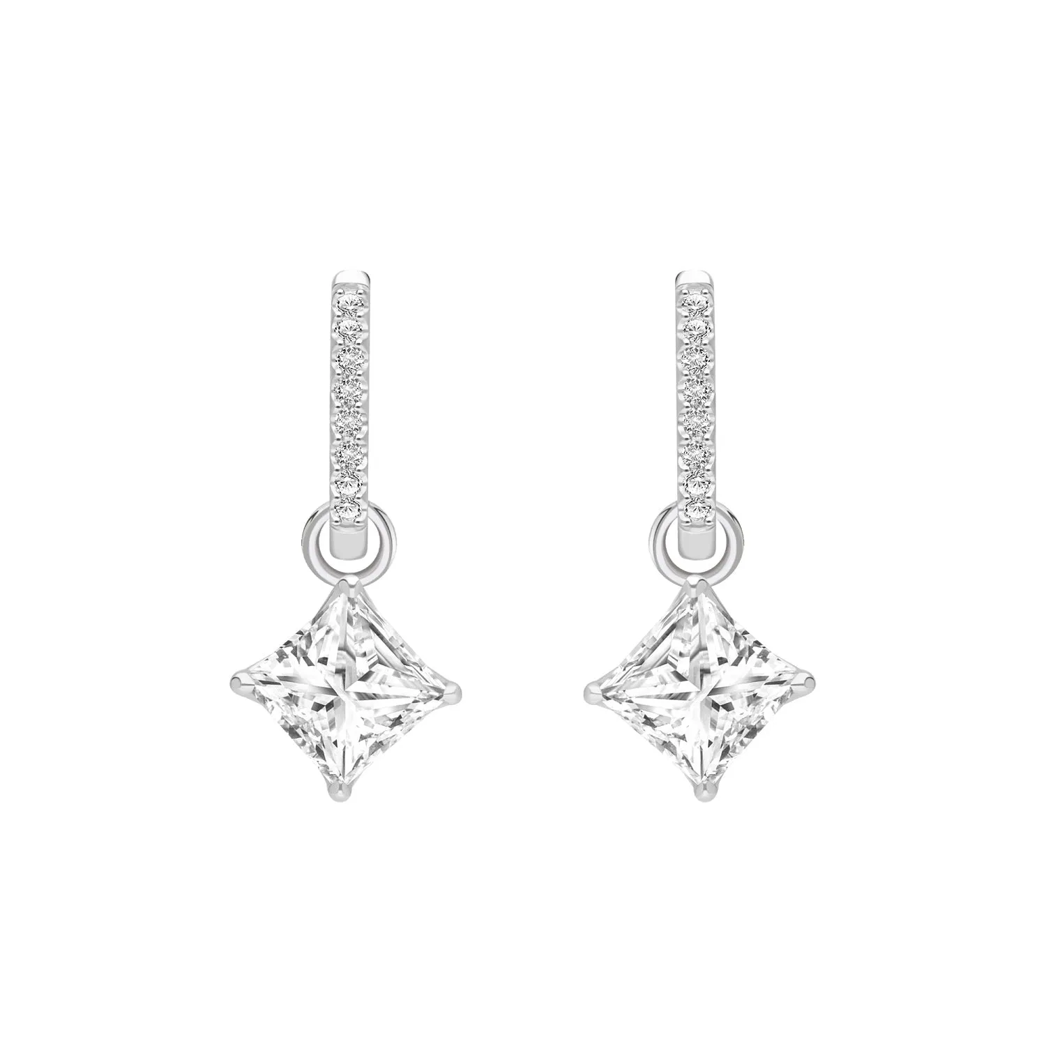 Classic Silver Rhodium Plated Lozenge Design Princess Cut CZ Hoop Earrings