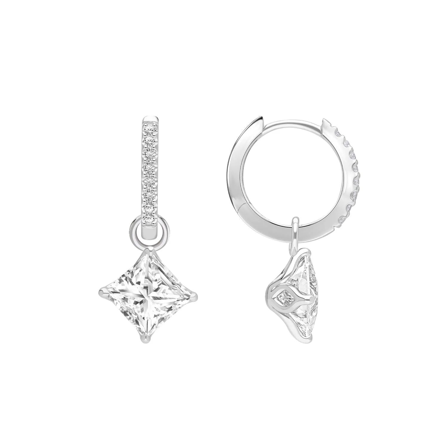 Classic Silver Rhodium Plated Lozenge Design Princess Cut CZ Hoop Earrings