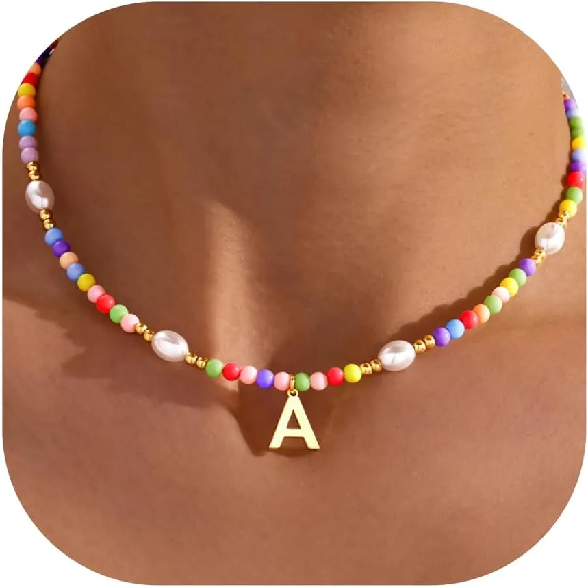 Cute Beaded Initial Necklaces for Girls Trendy Dainty Colorful Pearl Letter Choker Charm Necklace for Women Teen Girls Handmade 14K Gold Plated Bohemian Birthday Personalized Jewelry Gifts
