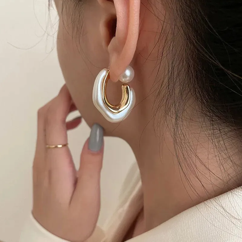 Design Gold Color Pearl Irregular Rhinestone Geometric Korean Earring
