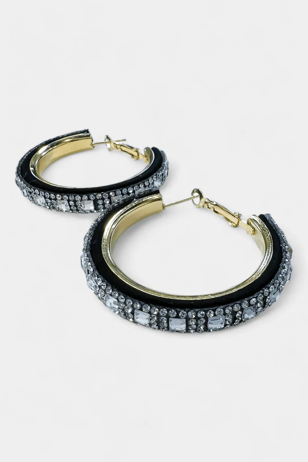 Gold & Black Rhinestone Hoop Earrings