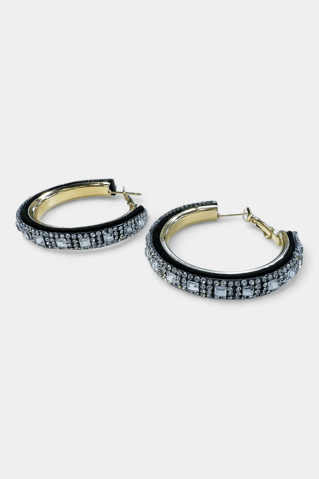 Gold & Black Rhinestone Hoop Earrings