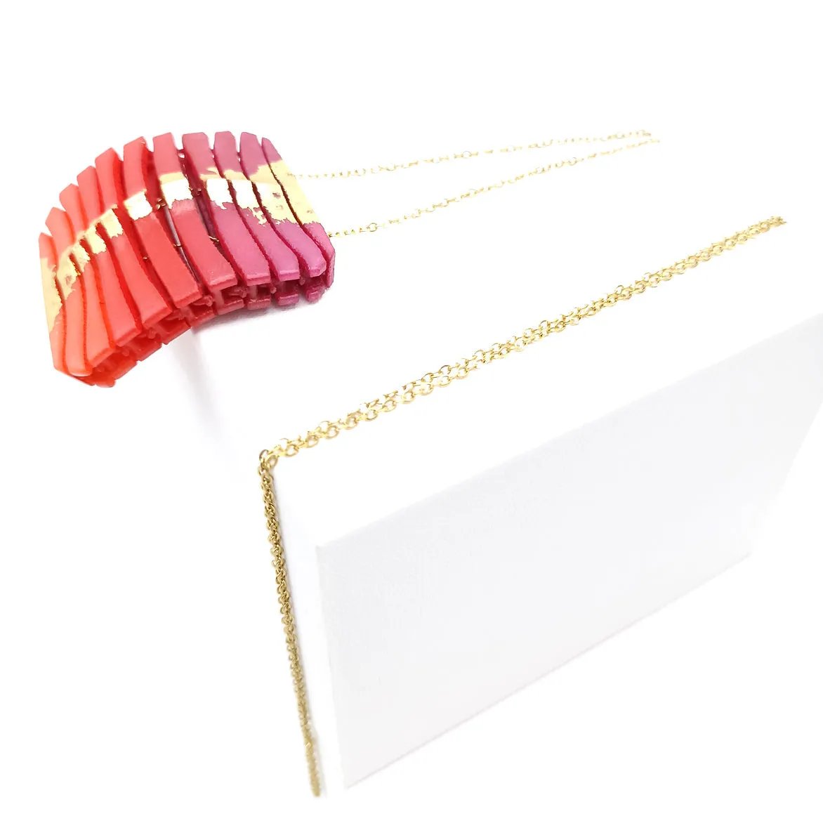 Long Square Wave Necklace in Fuchsia & Orange