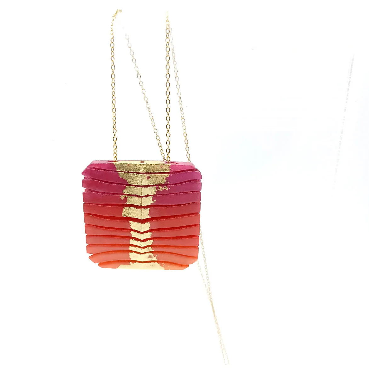 Long Square Wave Necklace in Fuchsia & Orange