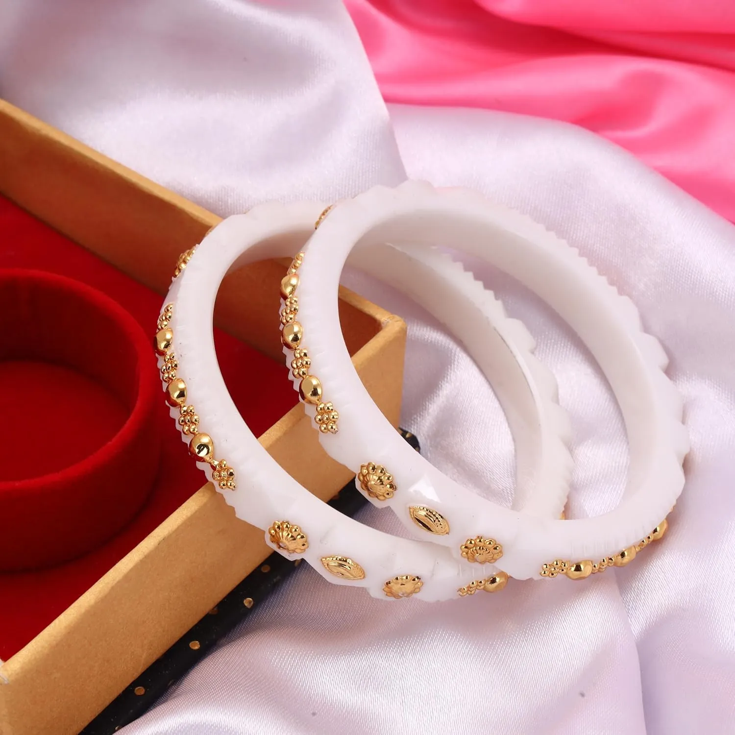 Meenakshi imitation Indian Designer White Acrylic Copper Gold Plated Shakha Pola Bangles Set of 2 Handmade Gift For Her Bollywood Women Jewelry Bangle Bracelets Kangan