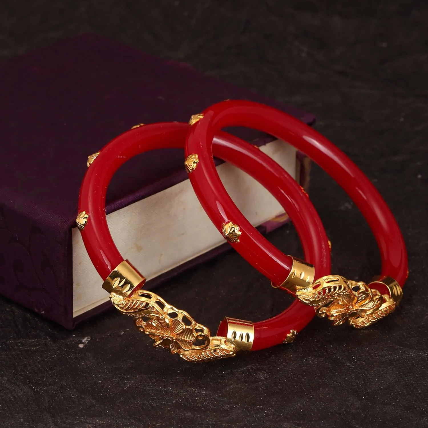 Meenakshi imitation Indian Handcrafted Gold Plated Designer Plastic Copper Pola Bangles Set of 2 Enchanting Jewelry Bangle Bracelets In Gold Tone For Women