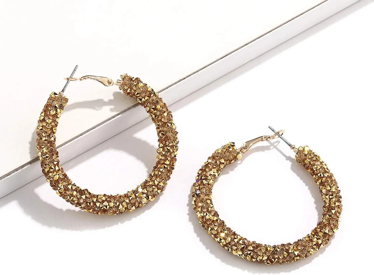 NLCAC Glitter Hoop Earrings Bohemian Sparkle Resin Rhinestone Wrapped Hoop Dangle Earrings for Women