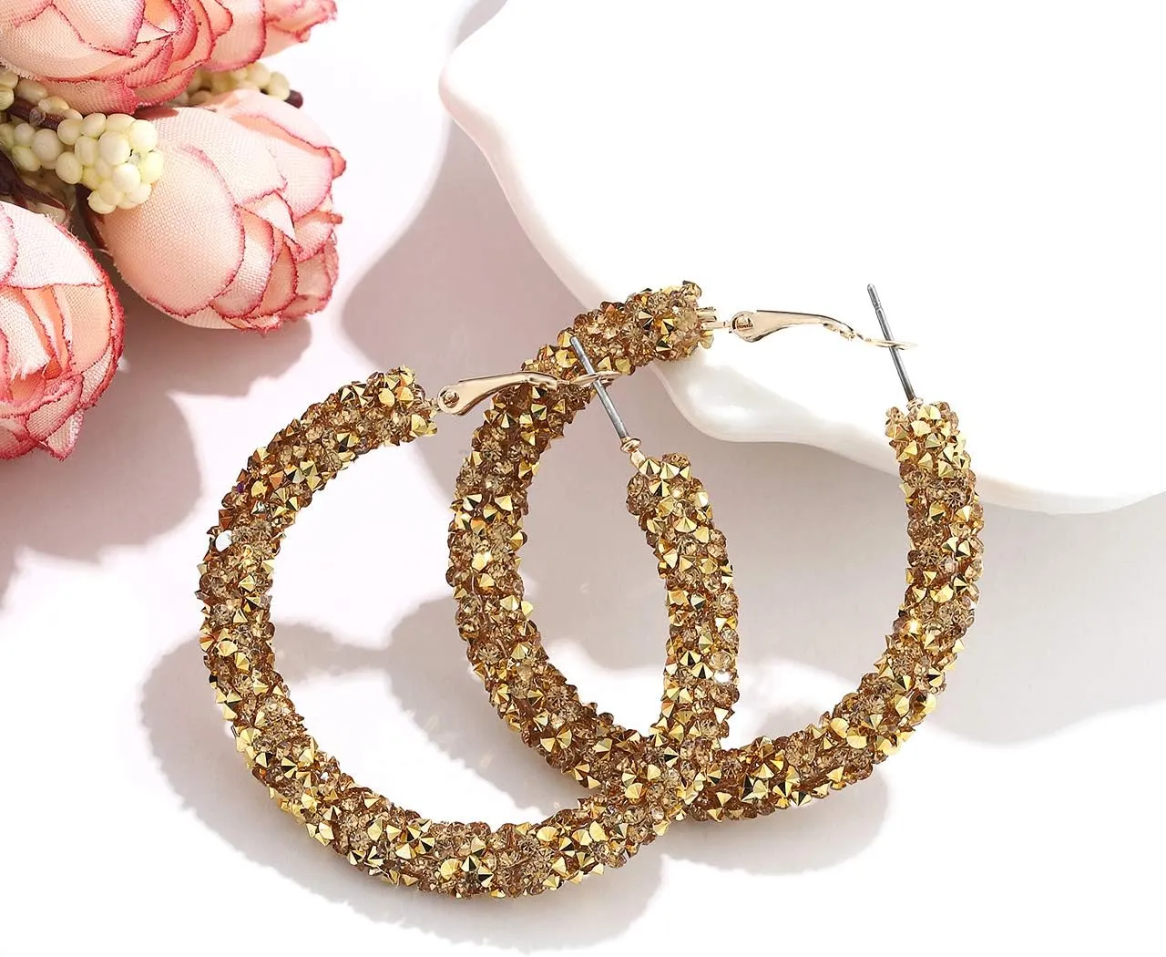 NLCAC Glitter Hoop Earrings Bohemian Sparkle Resin Rhinestone Wrapped Hoop Dangle Earrings for Women