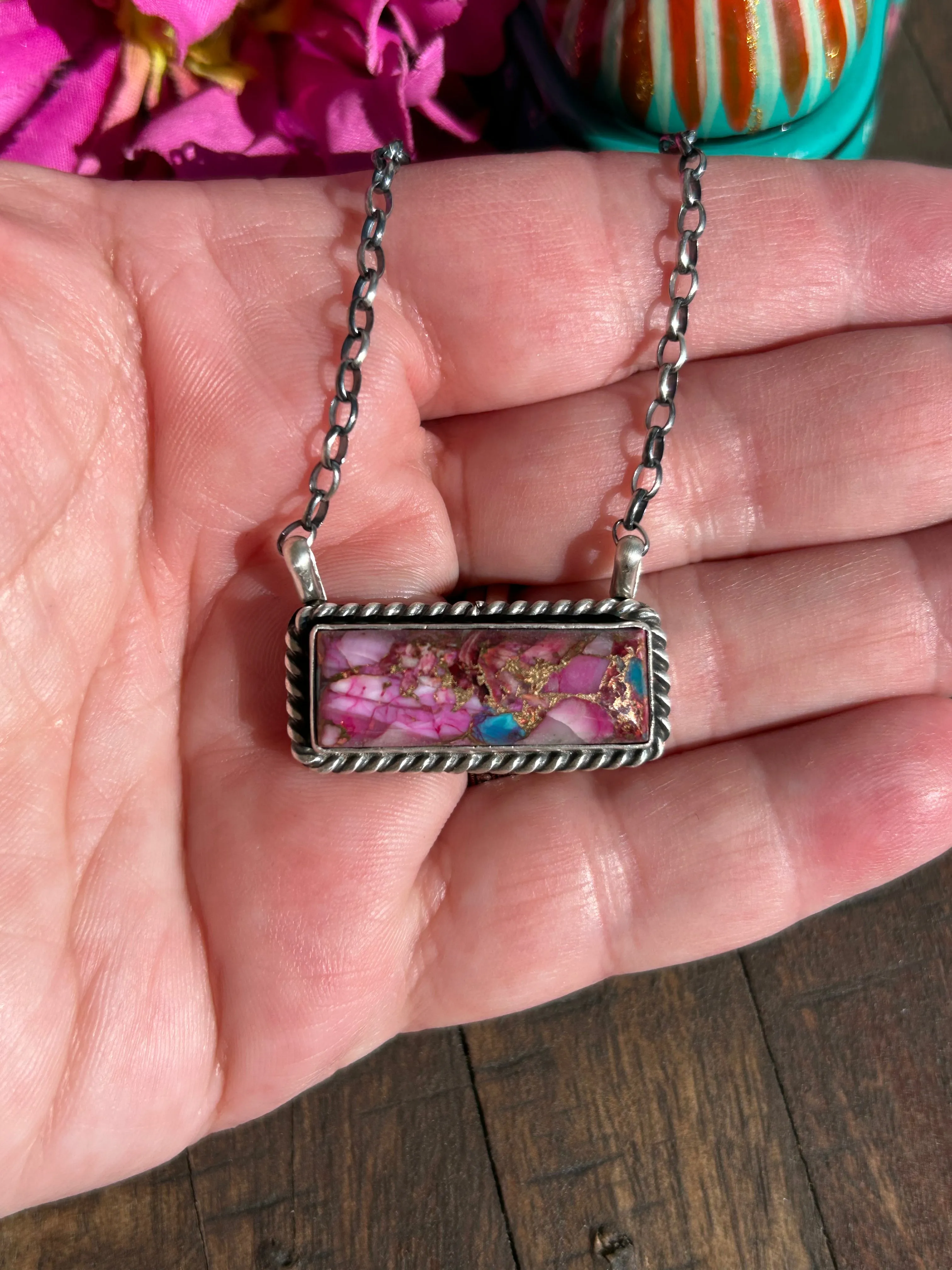 Pink Dahlia Kingman Bar Necklace #5