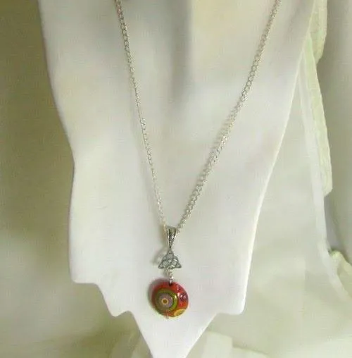 Red Green & Purple Artisan Bead Pendant Necklace