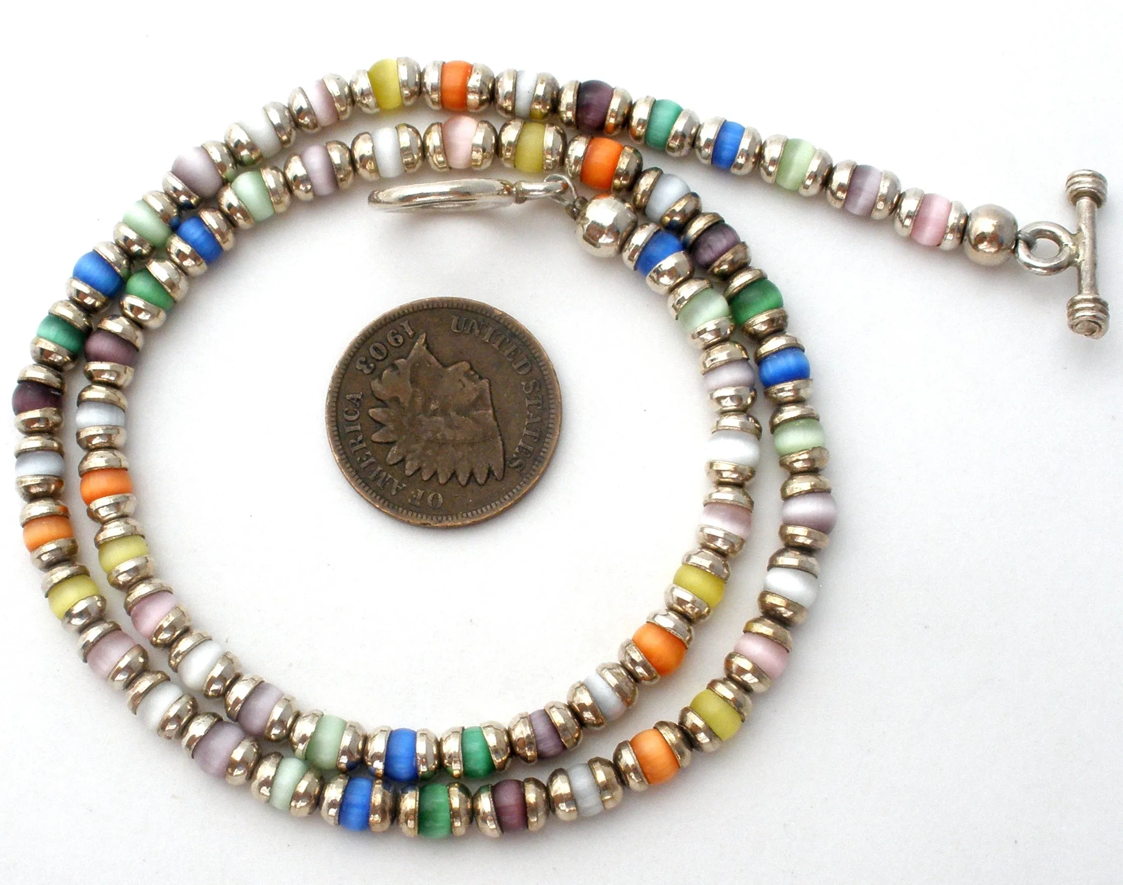 Sterling Silver & Cats Eye Bead Necklace Vintage