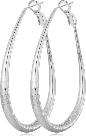 Sterling Silver Hoop Earrings,Oval Gold Hoop Earrings for Women Hypoallergenic Big Teardrop Hoop Earrings Diamond-Cut Large Gold Chunky Hoops for Womens 925 Sterling Silver Earrings 55/75/85mm