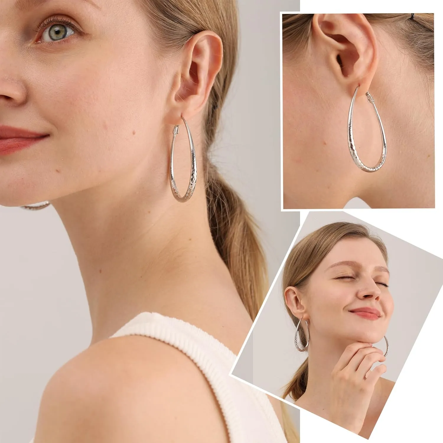 Sterling Silver Hoop Earrings,Oval Gold Hoop Earrings for Women Hypoallergenic Big Teardrop Hoop Earrings Diamond-Cut Large Gold Chunky Hoops for Womens 925 Sterling Silver Earrings 55/75/85mm