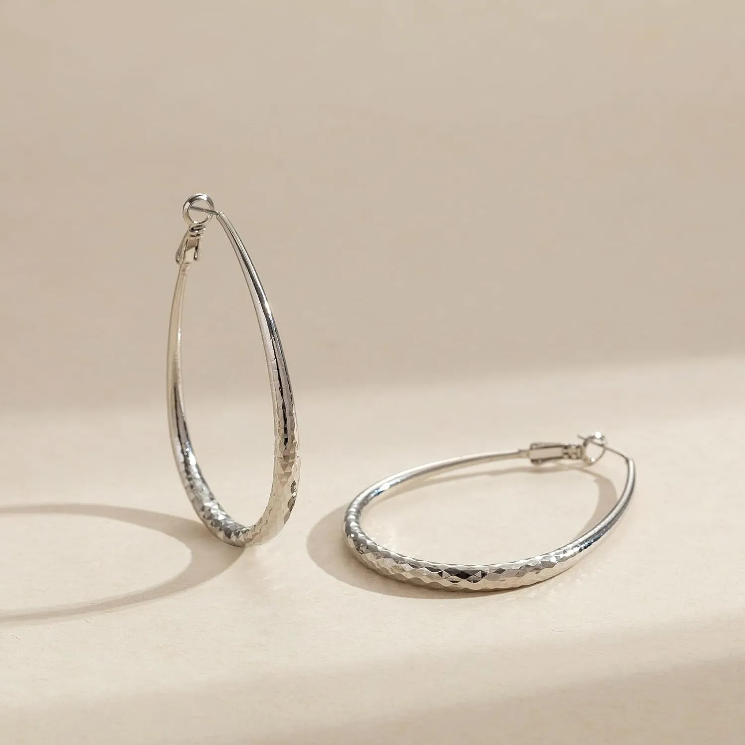Sterling Silver Hoop Earrings,Oval Gold Hoop Earrings for Women Hypoallergenic Big Teardrop Hoop Earrings Diamond-Cut Large Gold Chunky Hoops for Womens 925 Sterling Silver Earrings 55/75/85mm