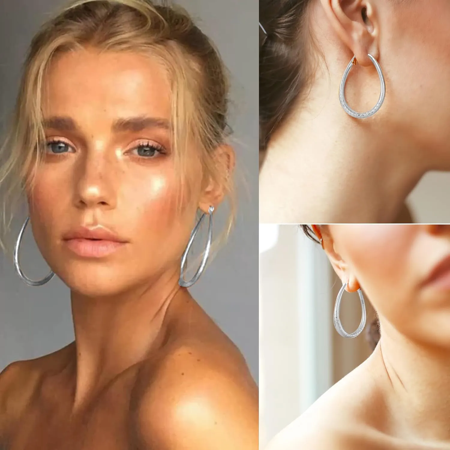Sterling Silver Hoop Earrings,Oval Gold Hoop Earrings for Women Hypoallergenic Big Teardrop Hoop Earrings Diamond-Cut Large Gold Chunky Hoops for Womens 925 Sterling Silver Earrings 55/75/85mm