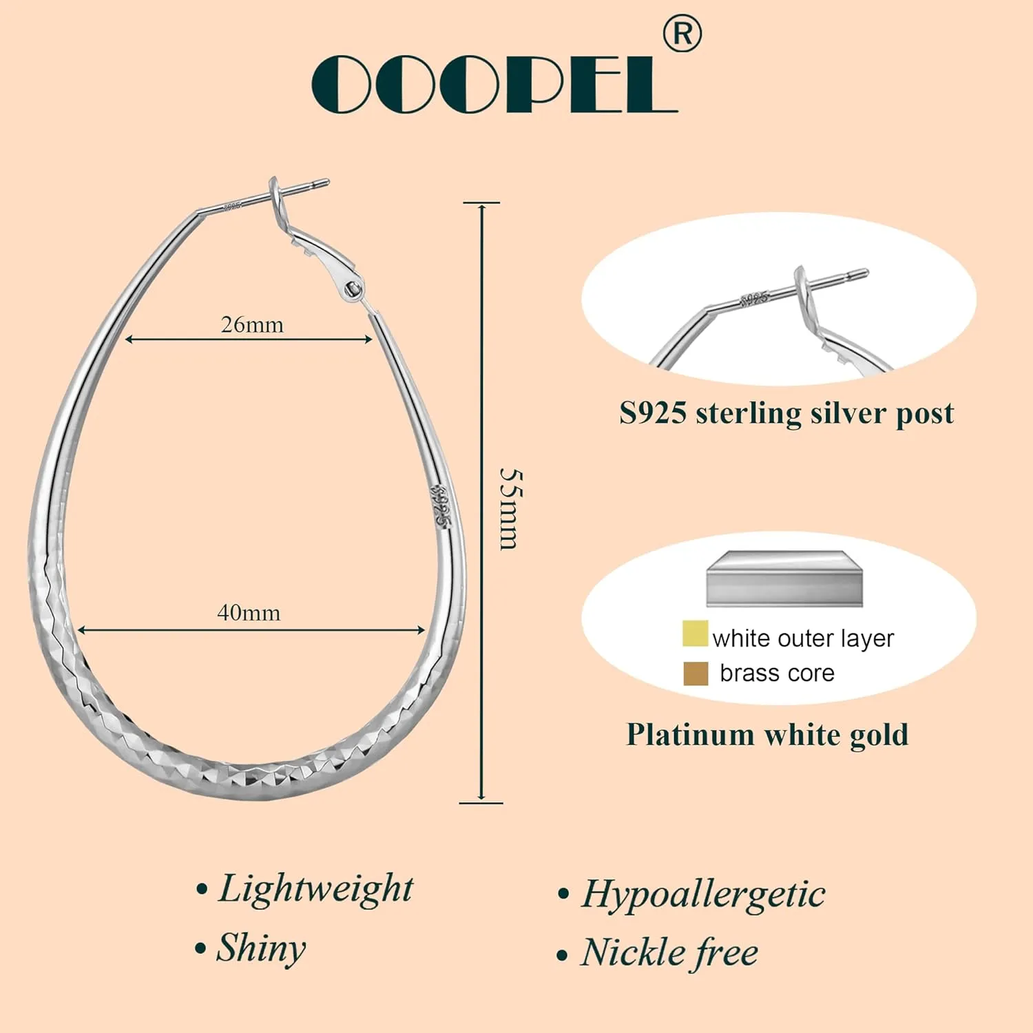 Sterling Silver Hoop Earrings,Oval Gold Hoop Earrings for Women Hypoallergenic Big Teardrop Hoop Earrings Diamond-Cut Large Gold Chunky Hoops for Womens 925 Sterling Silver Earrings 55/75/85mm