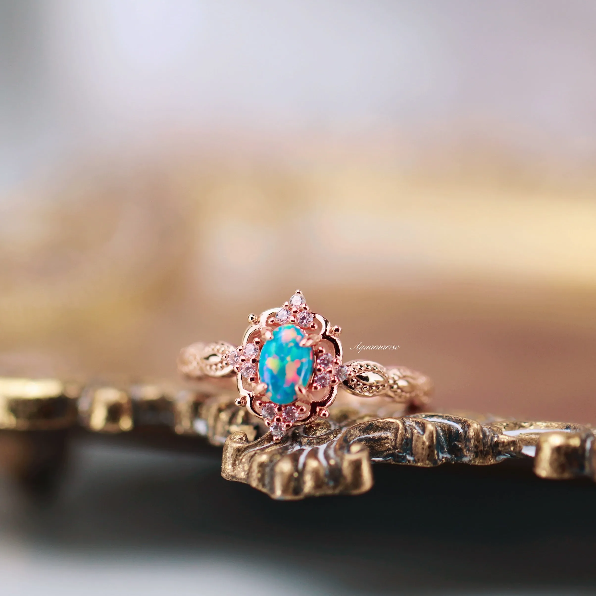 Vintage Blue Fire Opal Ring- 14K Rose Gold Vermeil