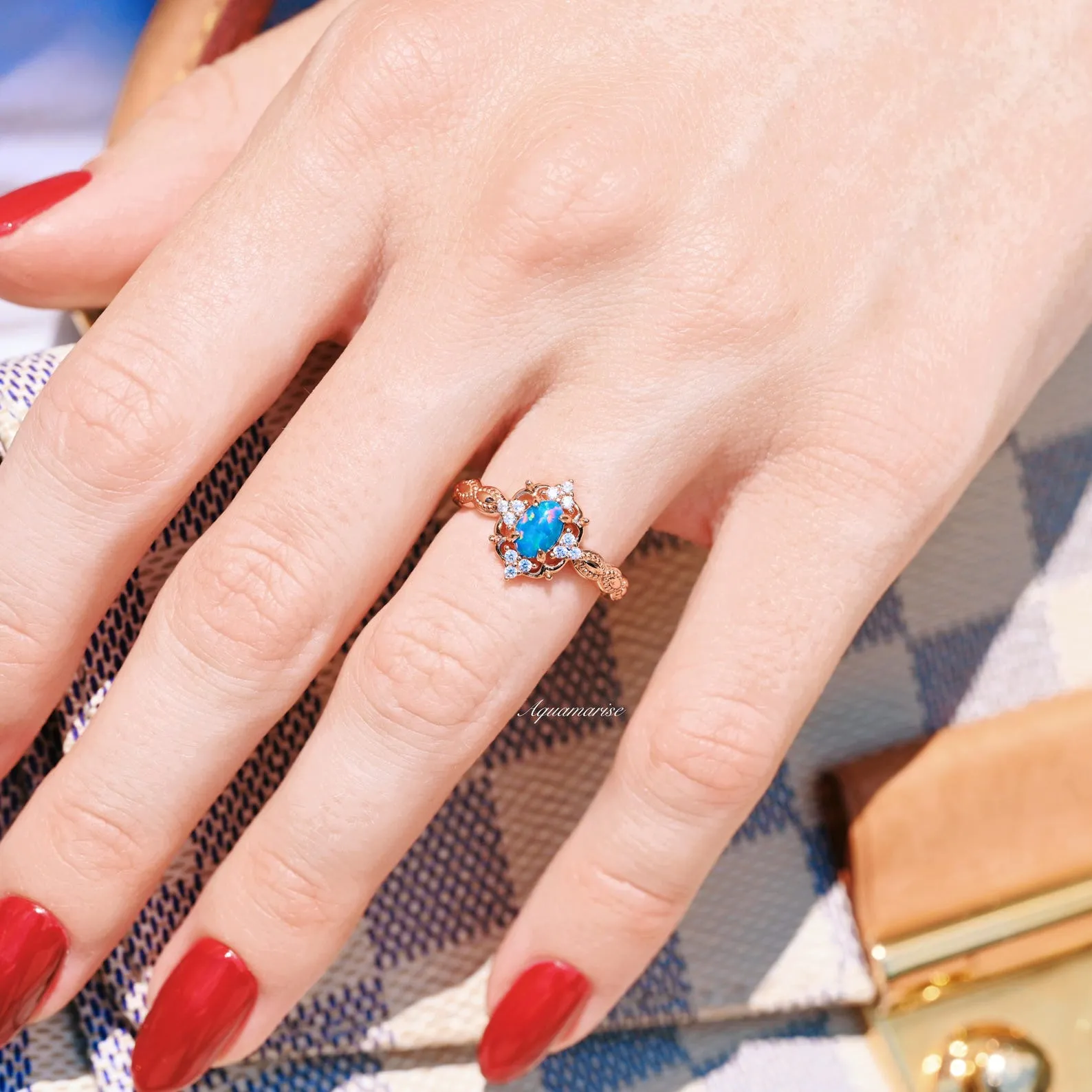 Vintage Blue Fire Opal Ring- 14K Rose Gold Vermeil